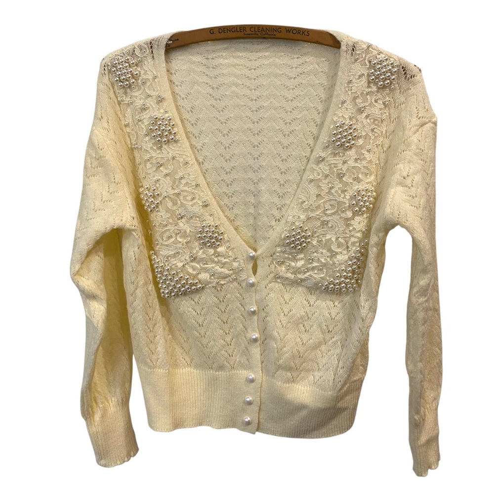 Vintage Pearl Beaded and Lace Open Knit Cardigan Sweater Ivory (angora?)